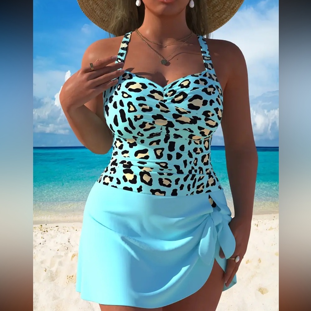 NEW 1 Piece Swim dress, turquoise leopard #SW-D1-0097